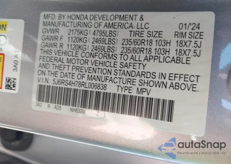 2024 Honda Cr-V Ex-L Awd из США, поврежденный, VIN 5J6RS4H78RL006838